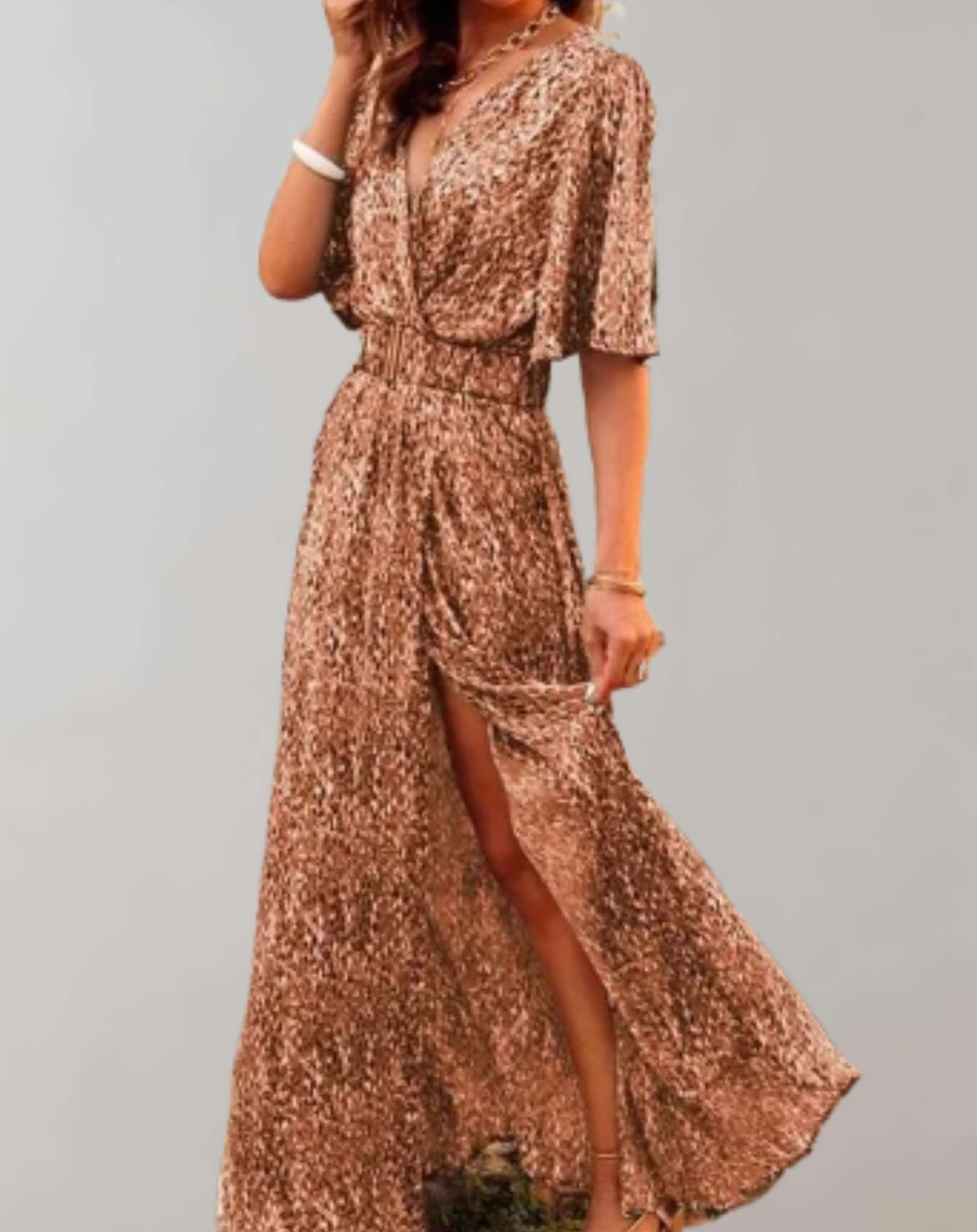 Robe Maxi Imprimée Cache-Cœur Manches Courtes Fendue Élégante pour Femme