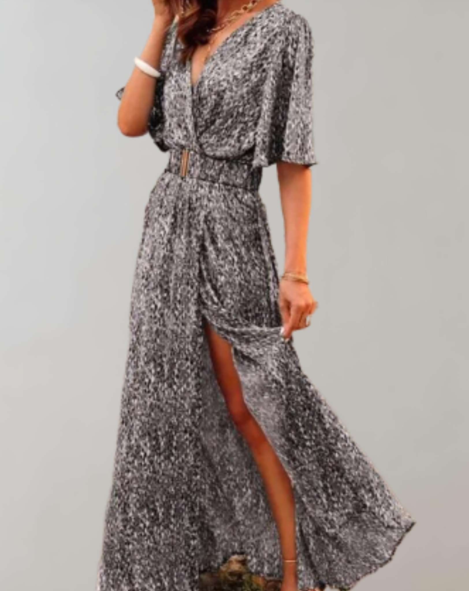Robe Maxi Imprimée Cache-Cœur Manches Courtes Fendue Élégante pour Femme