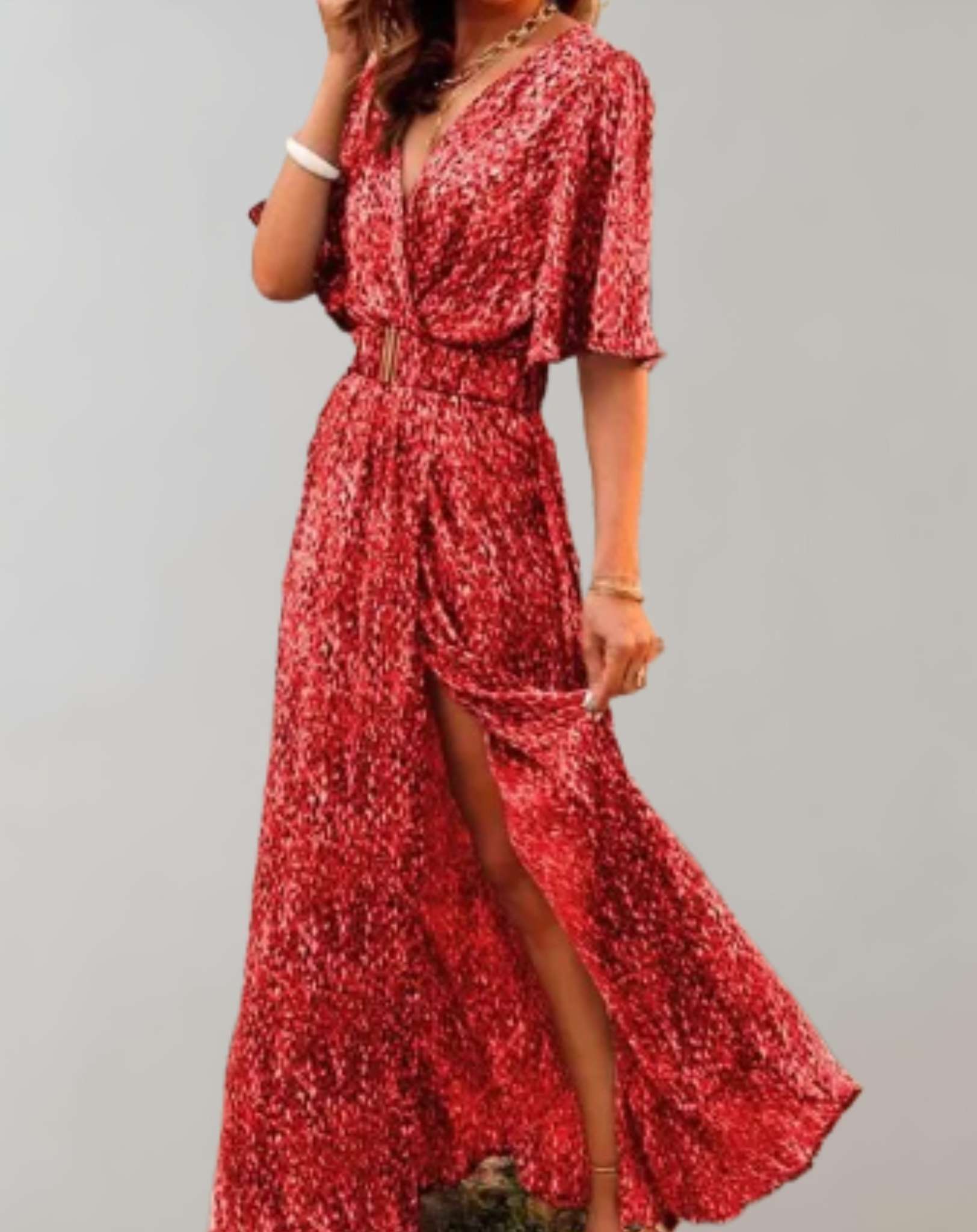 Robe Maxi Imprimée Cache-Cœur Manches Courtes Fendue Élégante pour Femme