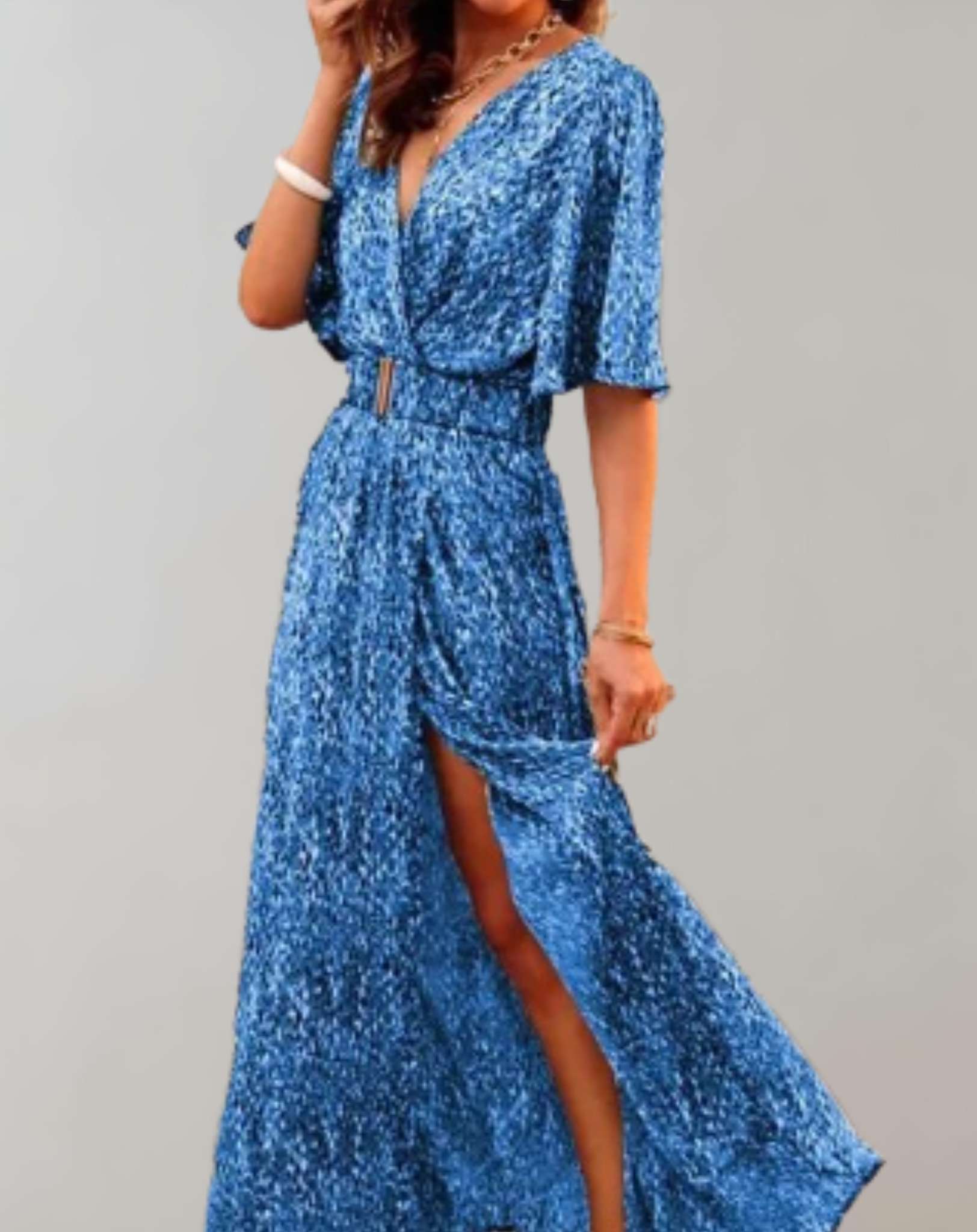 Robe Maxi Imprimée Cache-Cœur Manches Courtes Fendue Élégante pour Femme