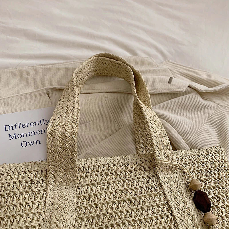 Grand sac cabas en paille zippé