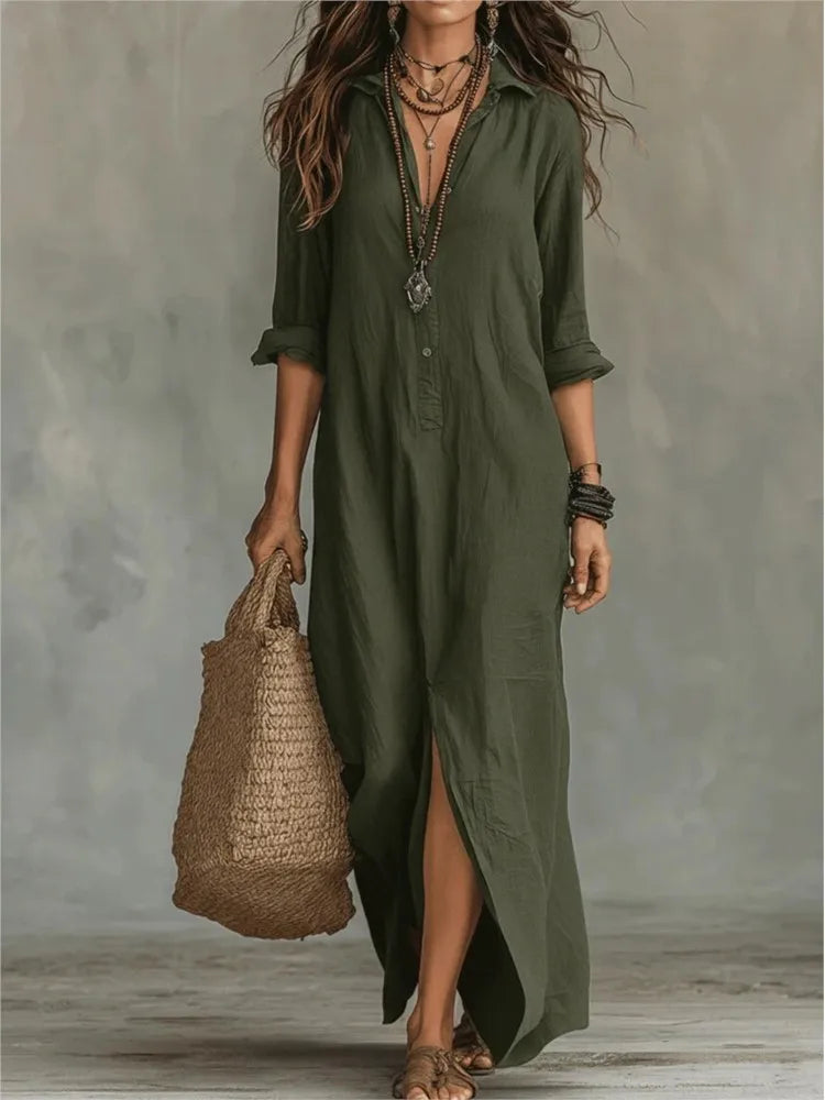 Robe Longue Décontractée à Col V pour Femme Manches 3/4