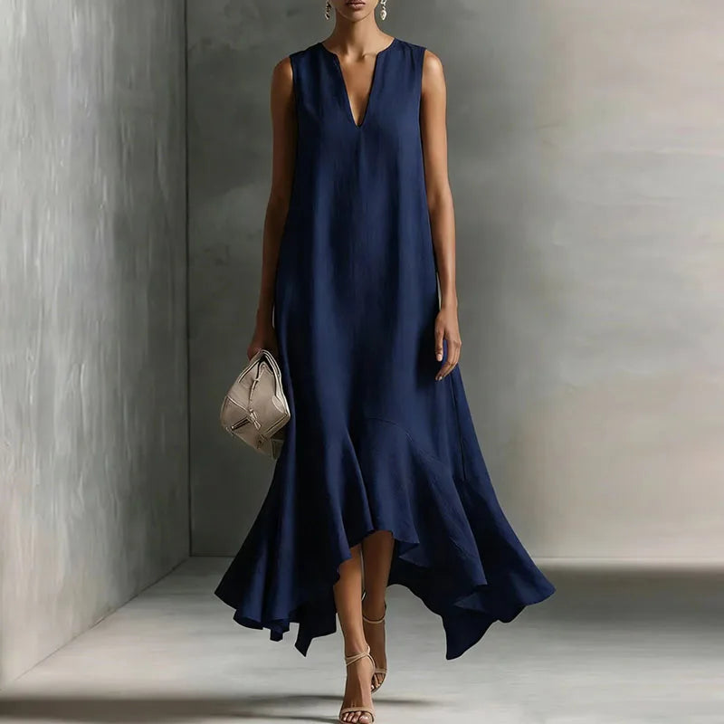 Robe Maxi Femme Bohème à Col V et Ourlet Volanté