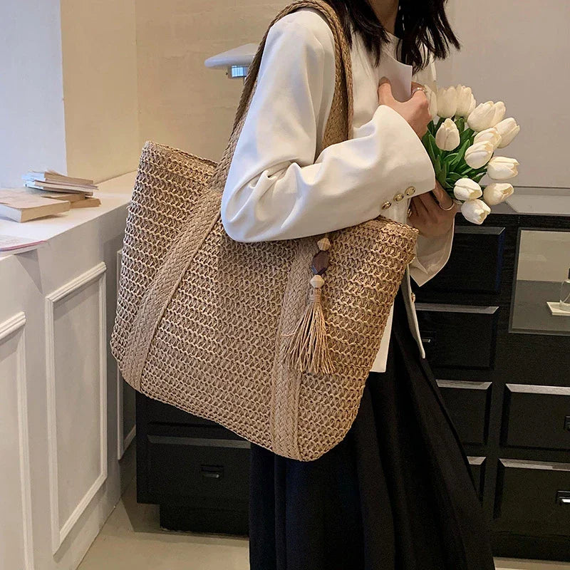 Grand sac cabas en paille zippé