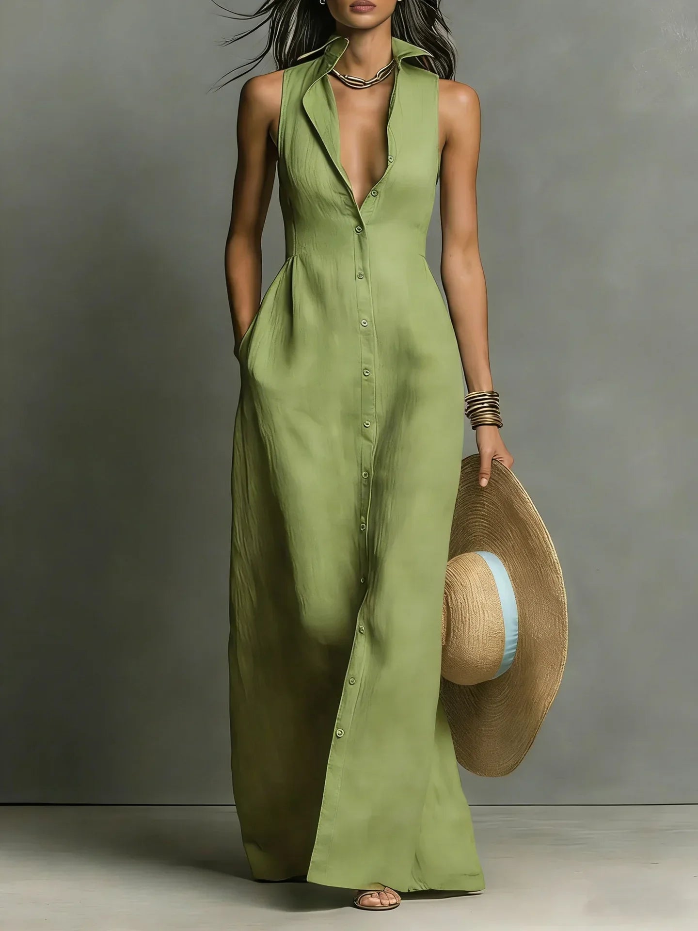 Robe Chemise Sans Manches à Boutonnage Élégant