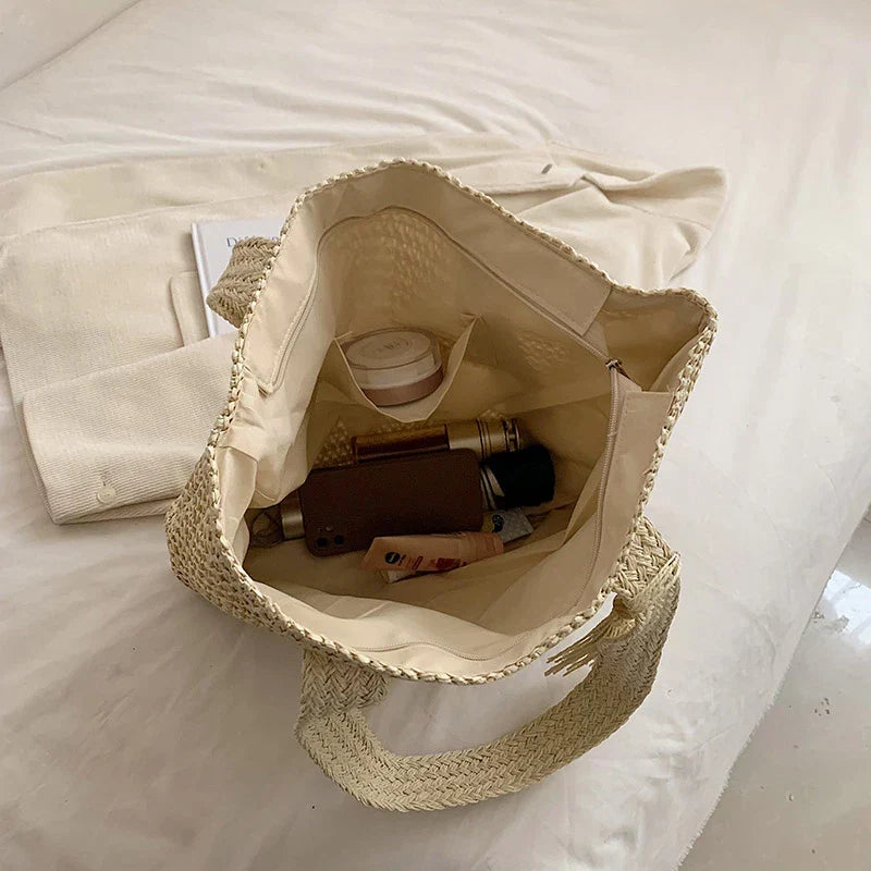 Grand sac cabas en paille zippé