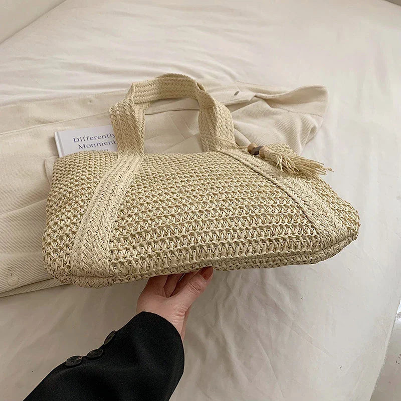 Grand sac cabas en paille zippé