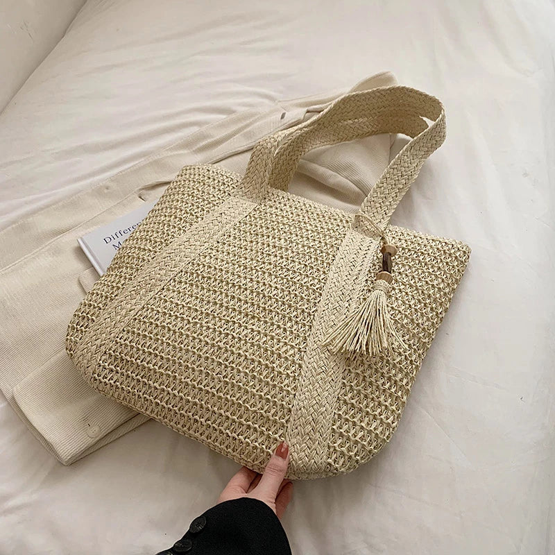 Grand sac cabas en paille zippé