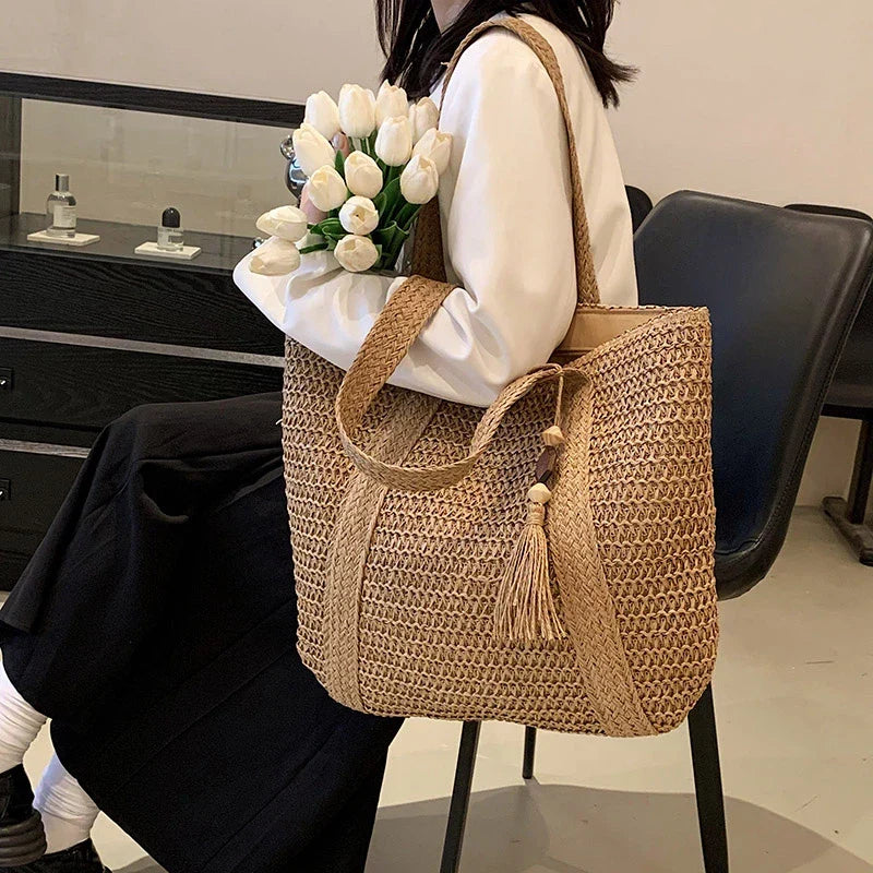 Grand sac cabas en paille zippé