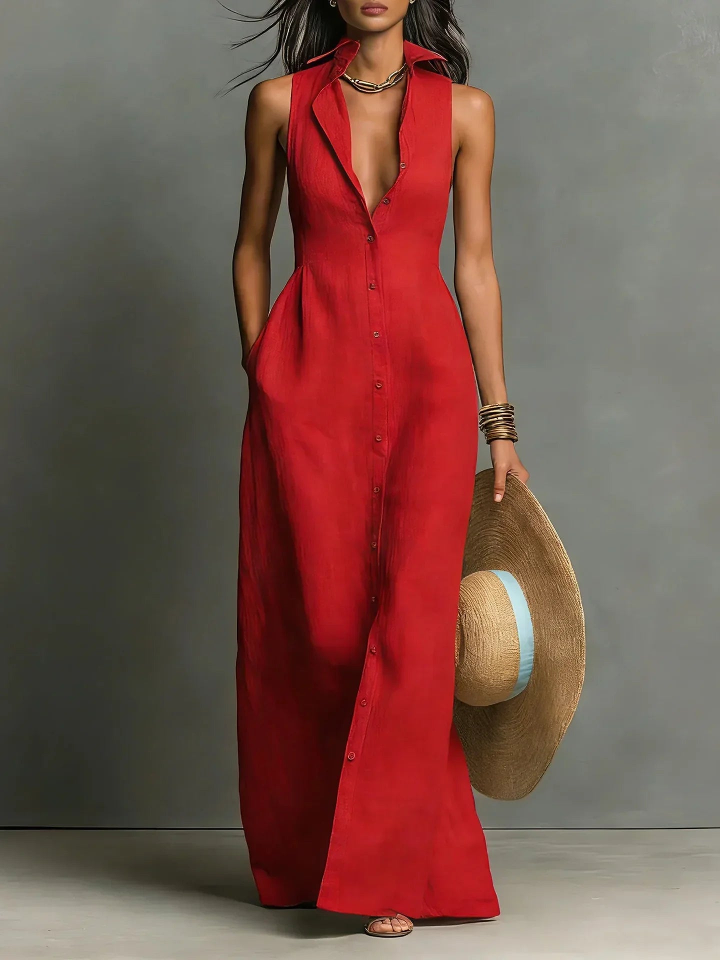 Robe Chemise Sans Manches à Boutonnage Élégant