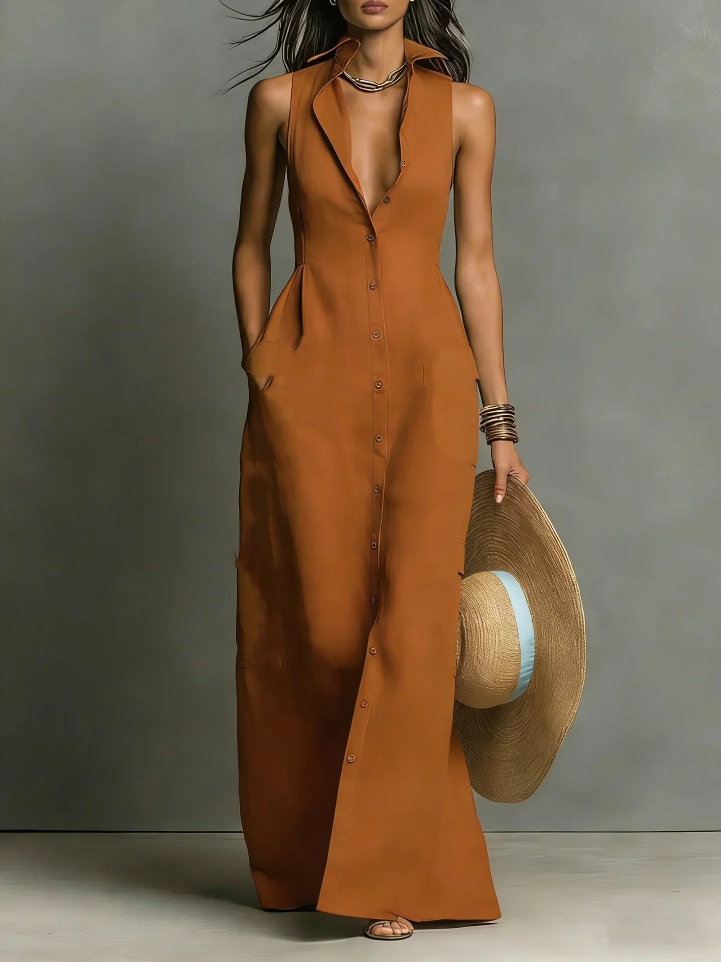 Robe Chemise Sans Manches à Boutonnage Élégant