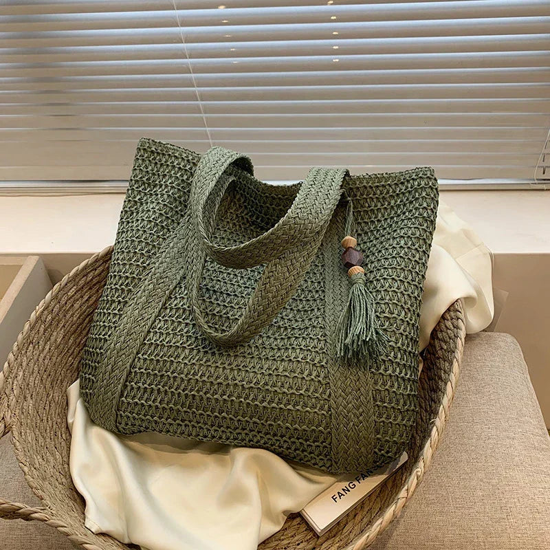 Grand sac cabas en paille zippé