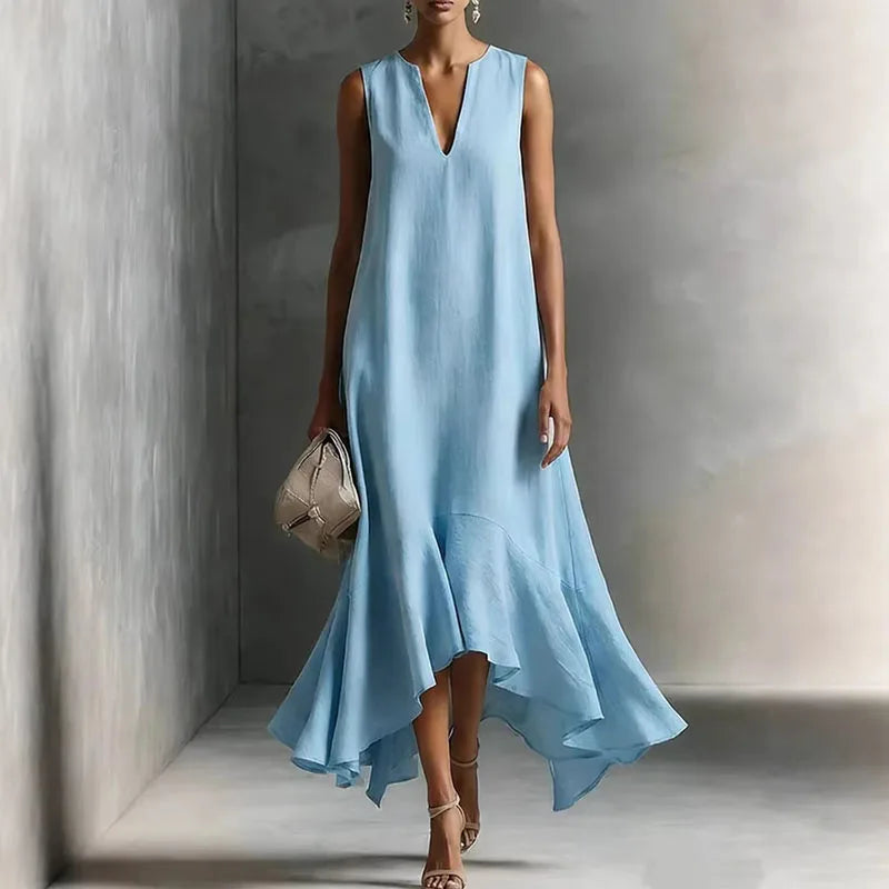 Robe Maxi Femme Bohème à Col V et Ourlet Volanté