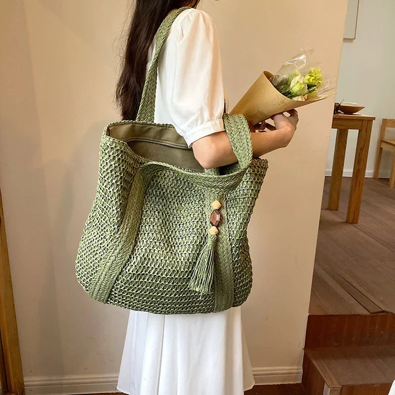 Grand sac cabas en paille zippé