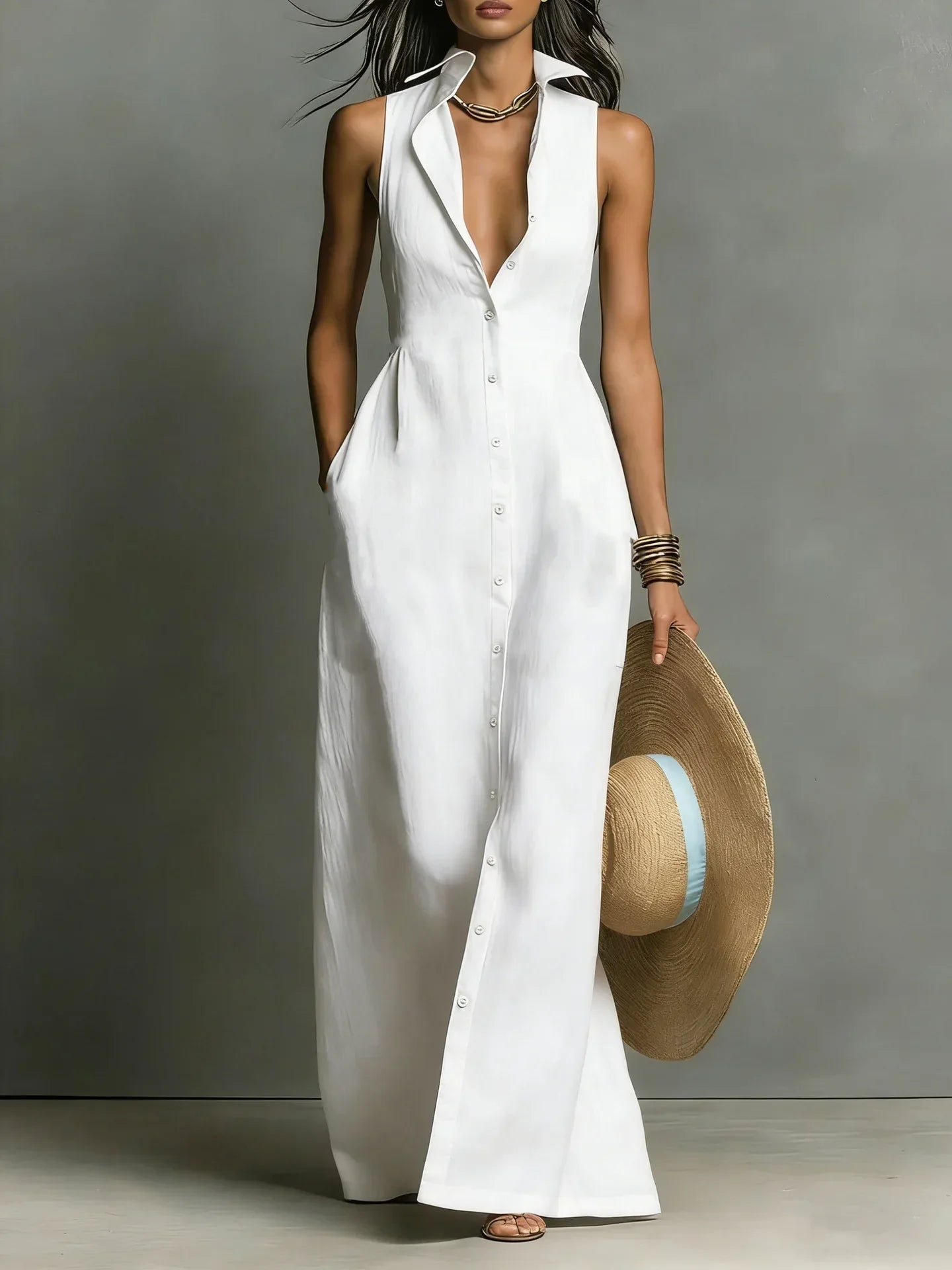 Robe Chemise Sans Manches à Boutonnage Élégant