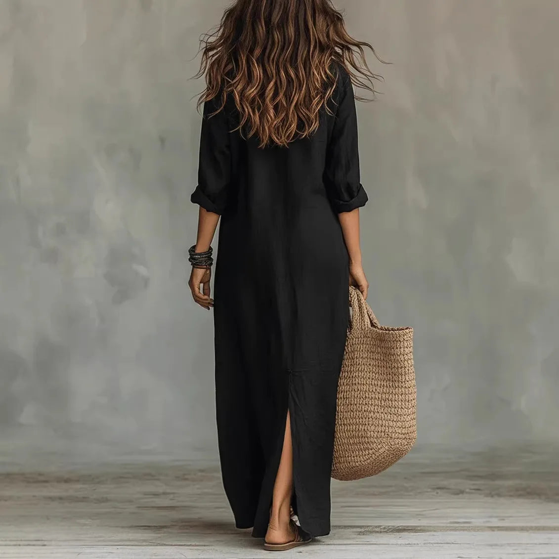 Robe Longue Décontractée à Col V pour Femme Manches 3/4