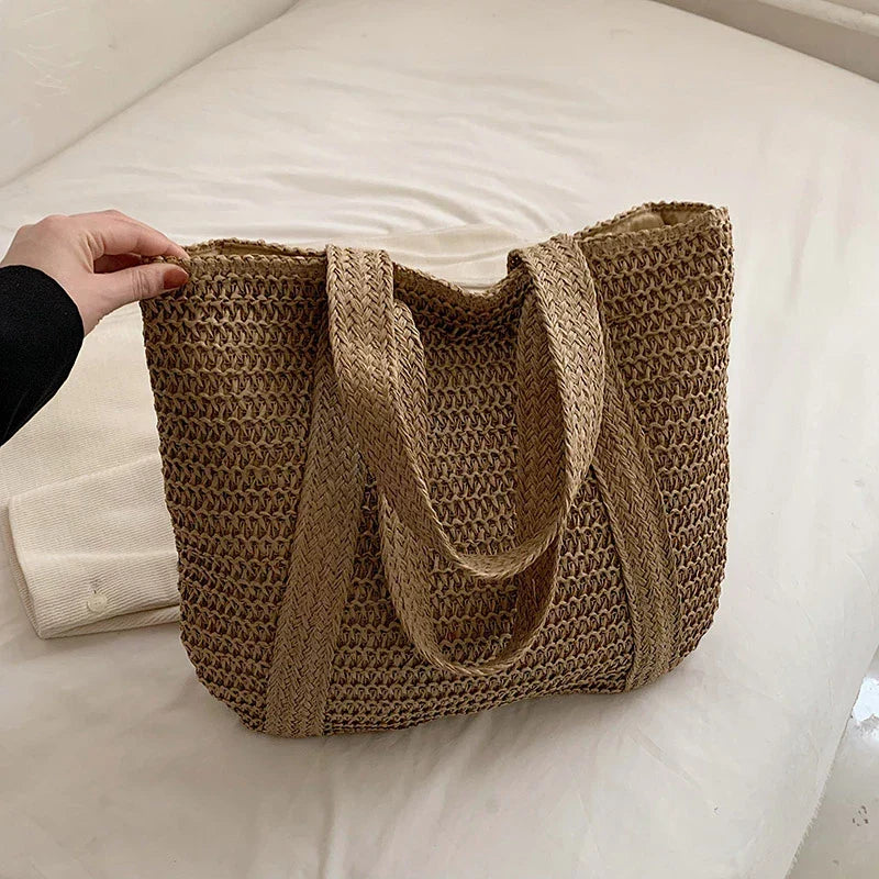 Grand sac cabas en paille zippé
