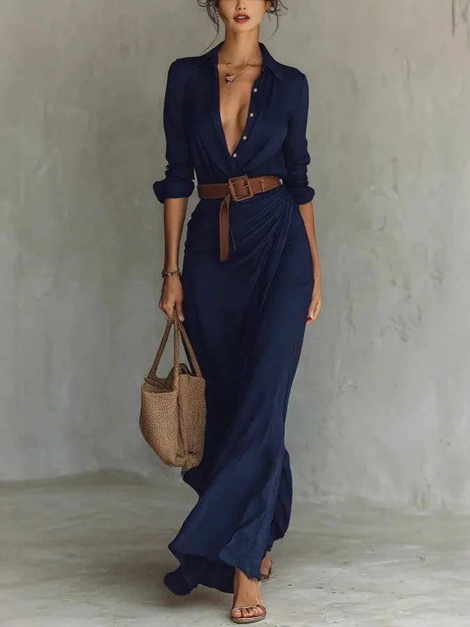 Robe Longue Femme à Col V et Détails Plissés Élégants