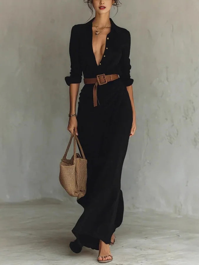 Robe Longue Femme à Col V et Détails Plissés Élégants