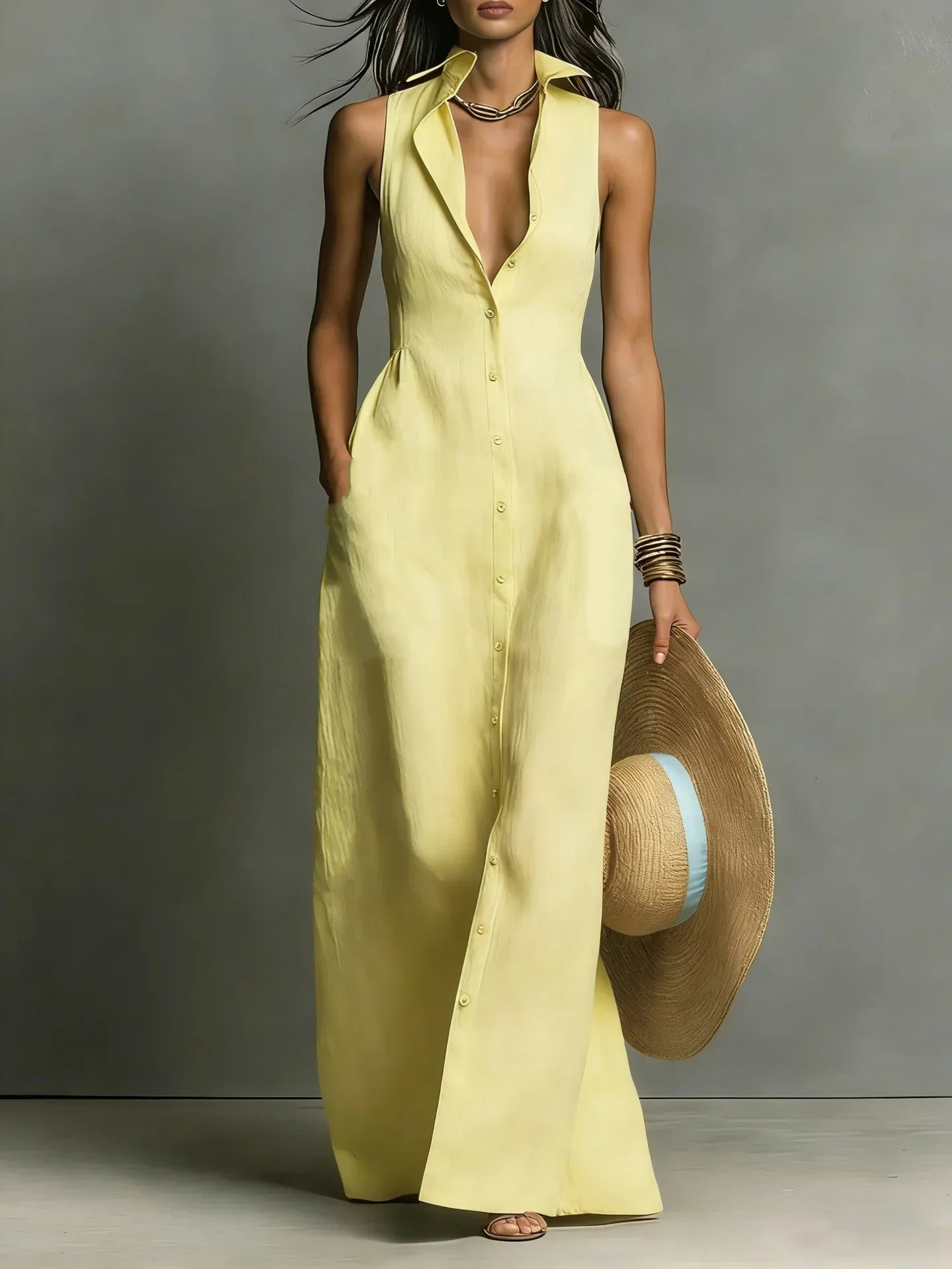 Robe Chemise Sans Manches à Boutonnage Élégant