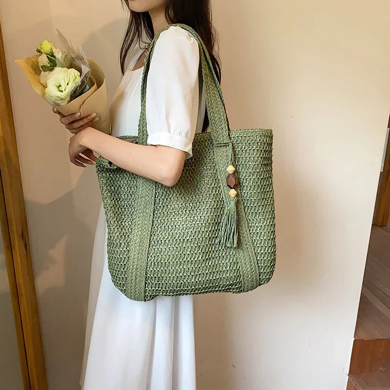 Grand sac cabas en paille zippé
