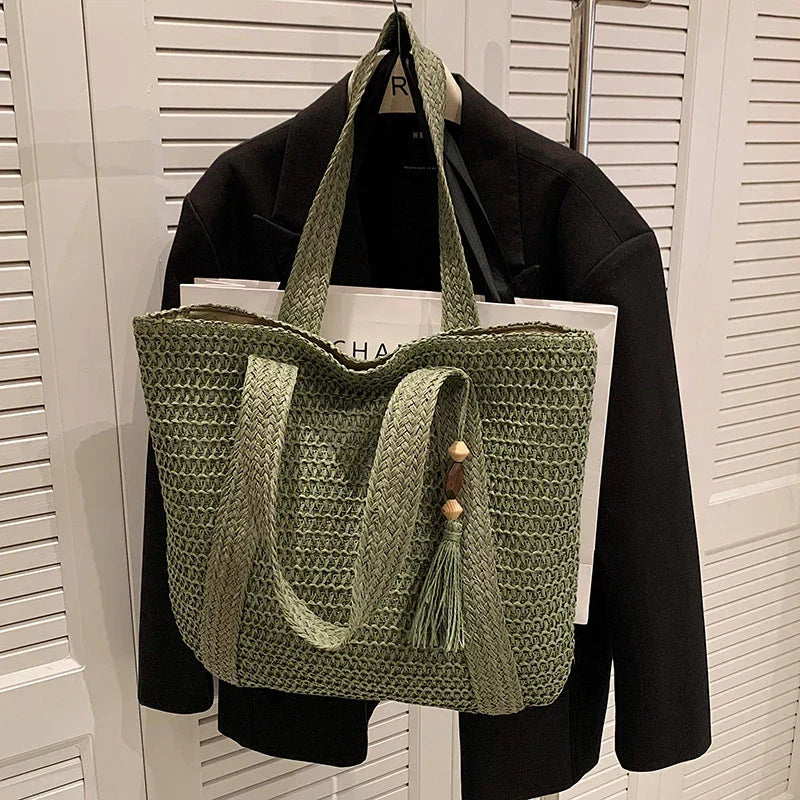 Grand sac cabas en paille zippé