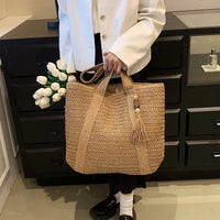 Grand sac cabas en paille zippé