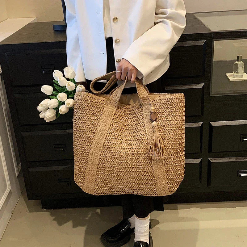 Grand sac cabas en paille zippé