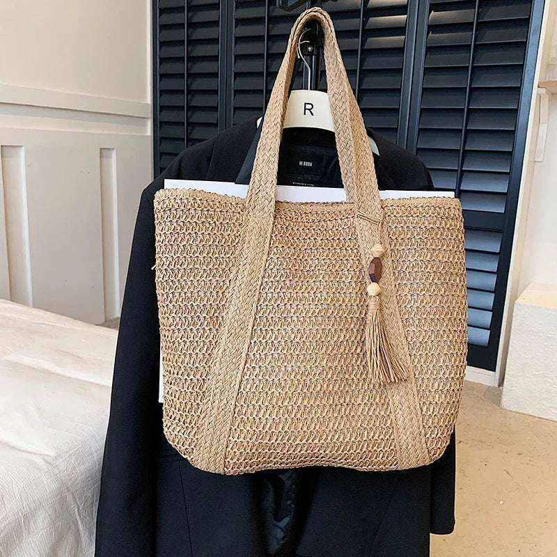 Grand sac cabas en paille zippé