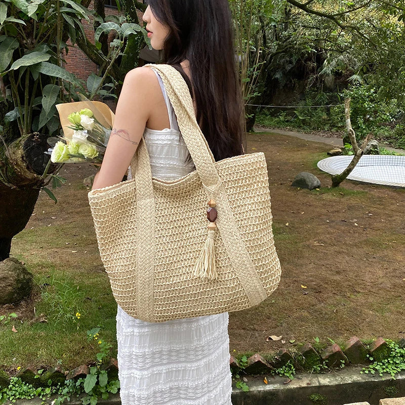 Grand sac cabas en paille zippé