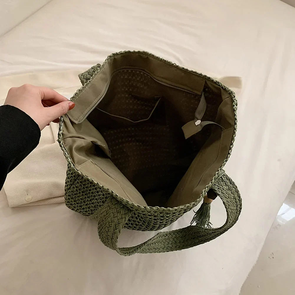 Grand sac cabas en paille zippé