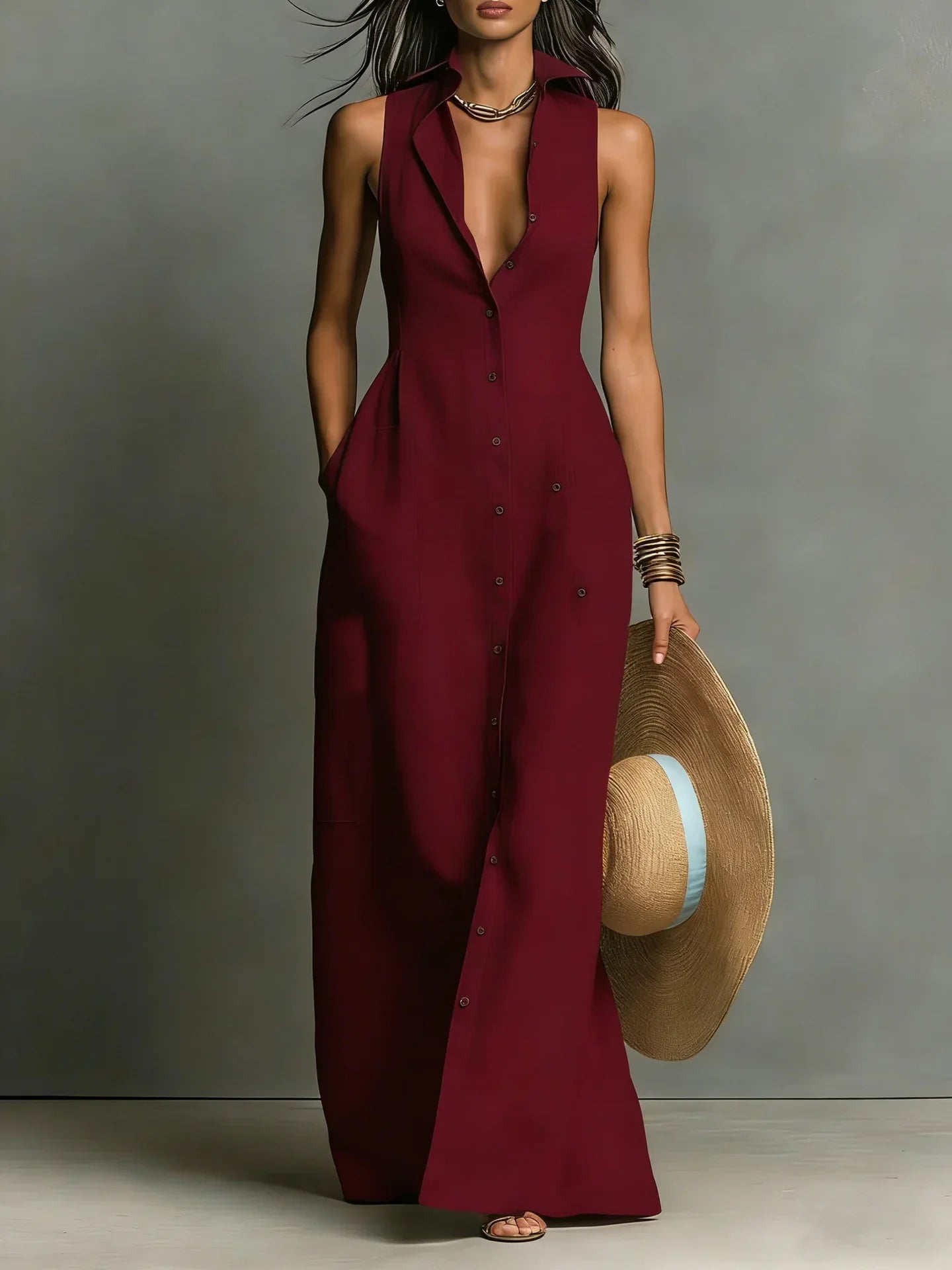 Robe Chemise Sans Manches à Boutonnage Élégant