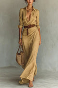 Robe Longue Femme à Col V et Détails Plissés Élégants