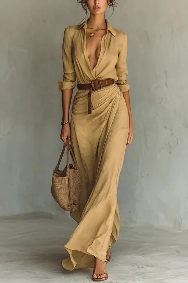 Robe Longue Femme à Col V et Détails Plissés Élégants