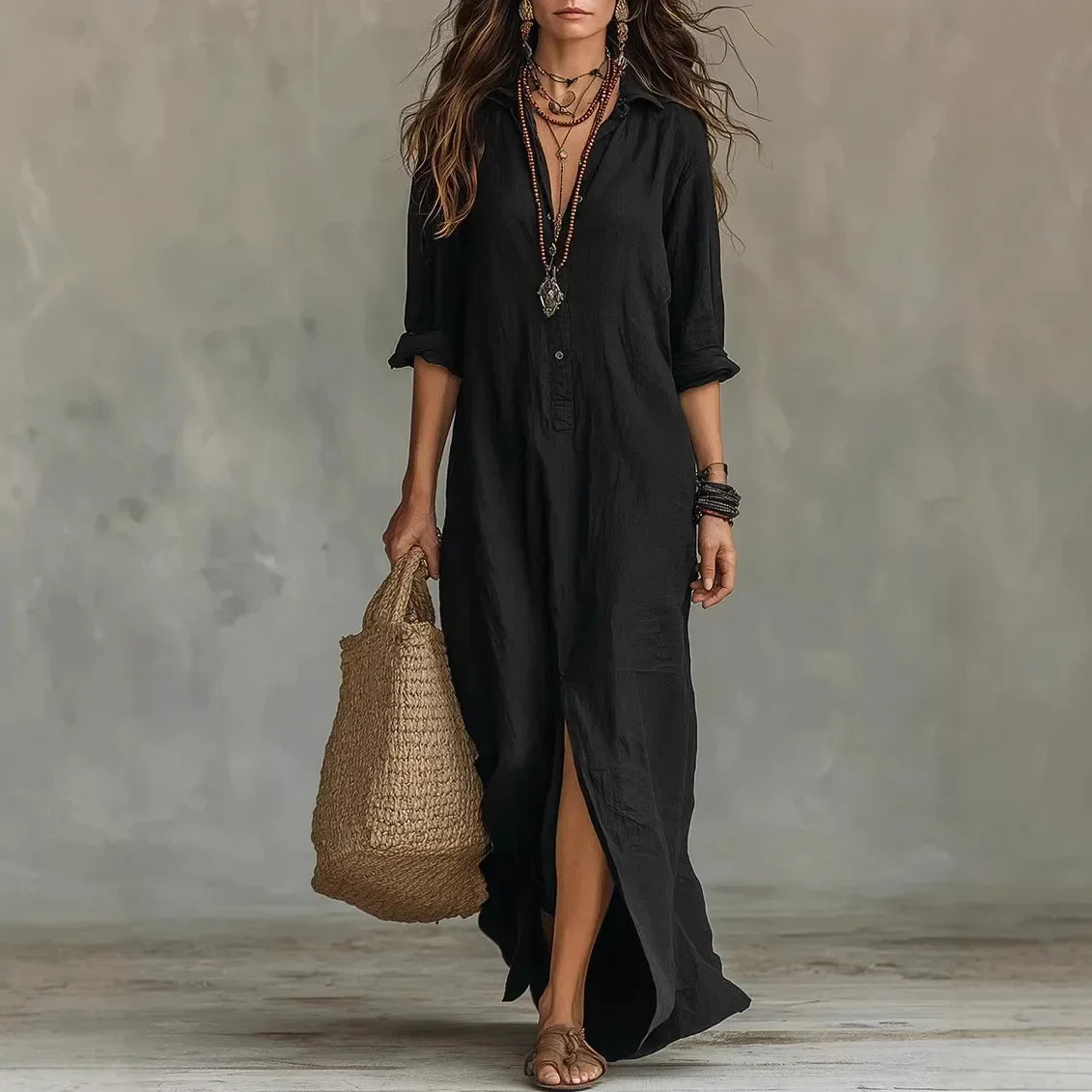 Robe Longue Décontractée à Col V pour Femme Manches 3/4