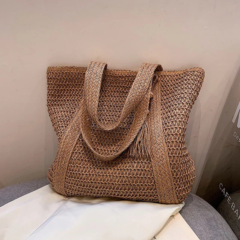 Grand sac cabas en paille zippé