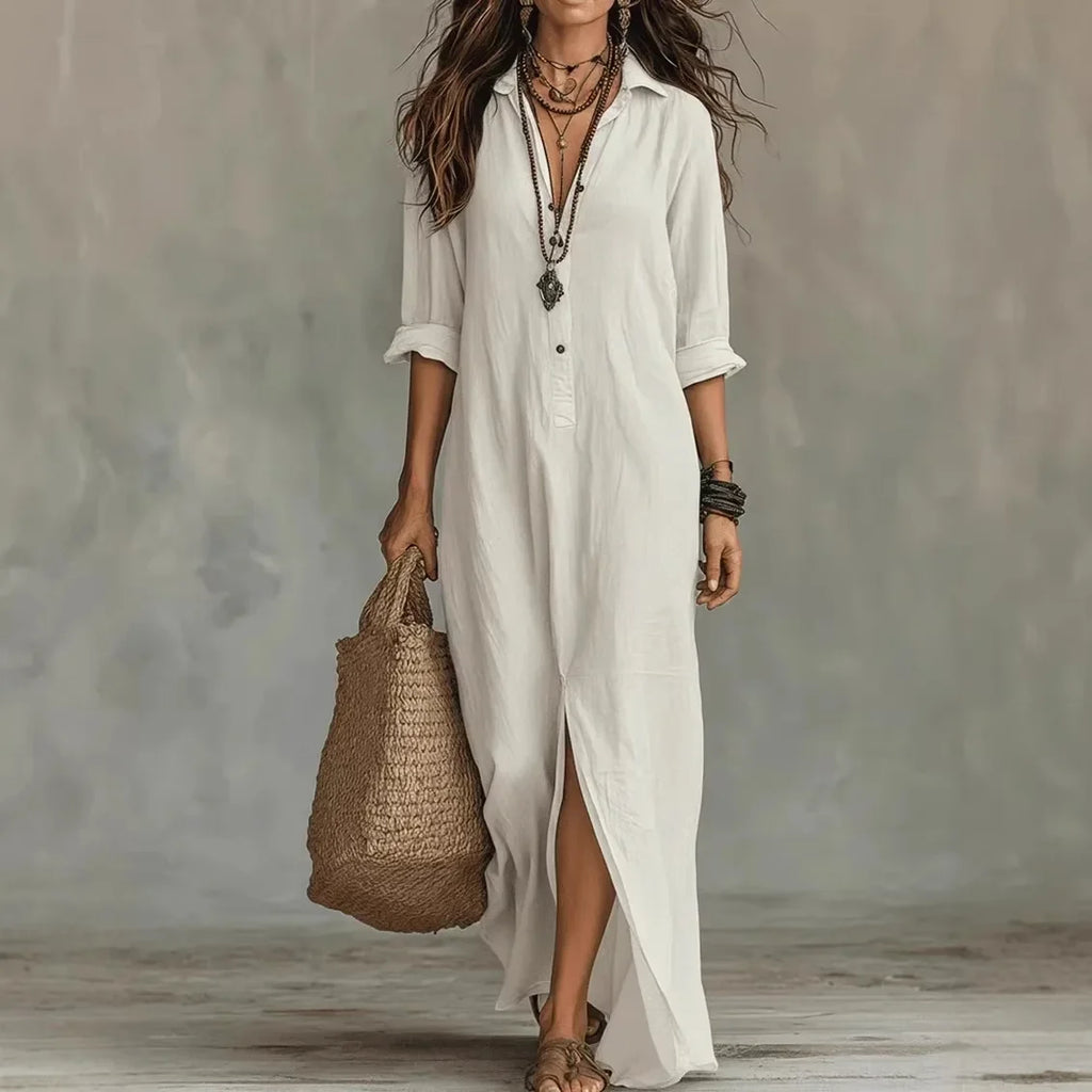 Robe Longue Décontractée à Col V pour Femme Manches 3/4