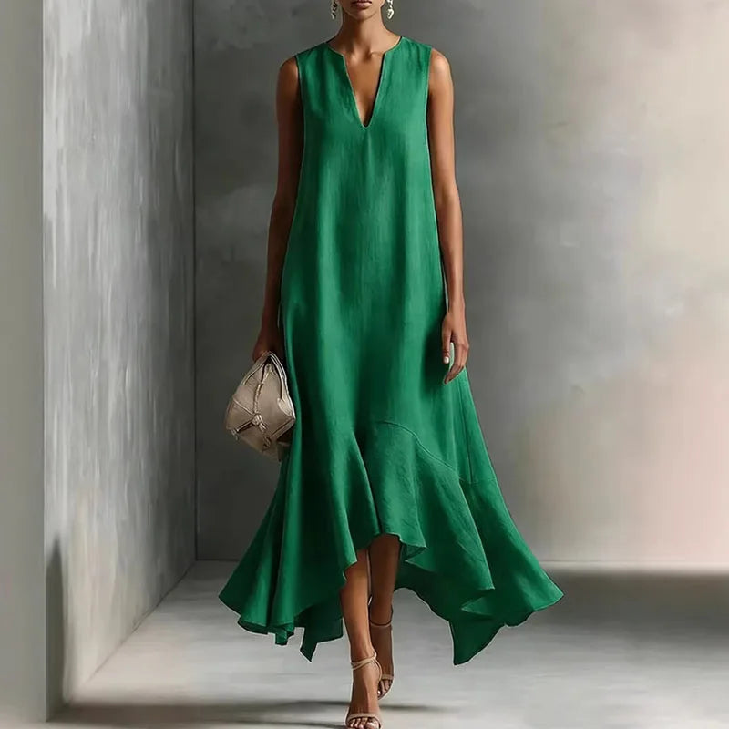 Robe Maxi Femme Bohème à Col V et Ourlet Volanté