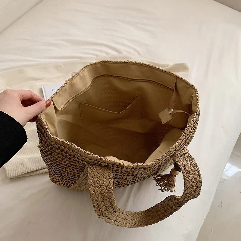 Grand sac cabas en paille zippé