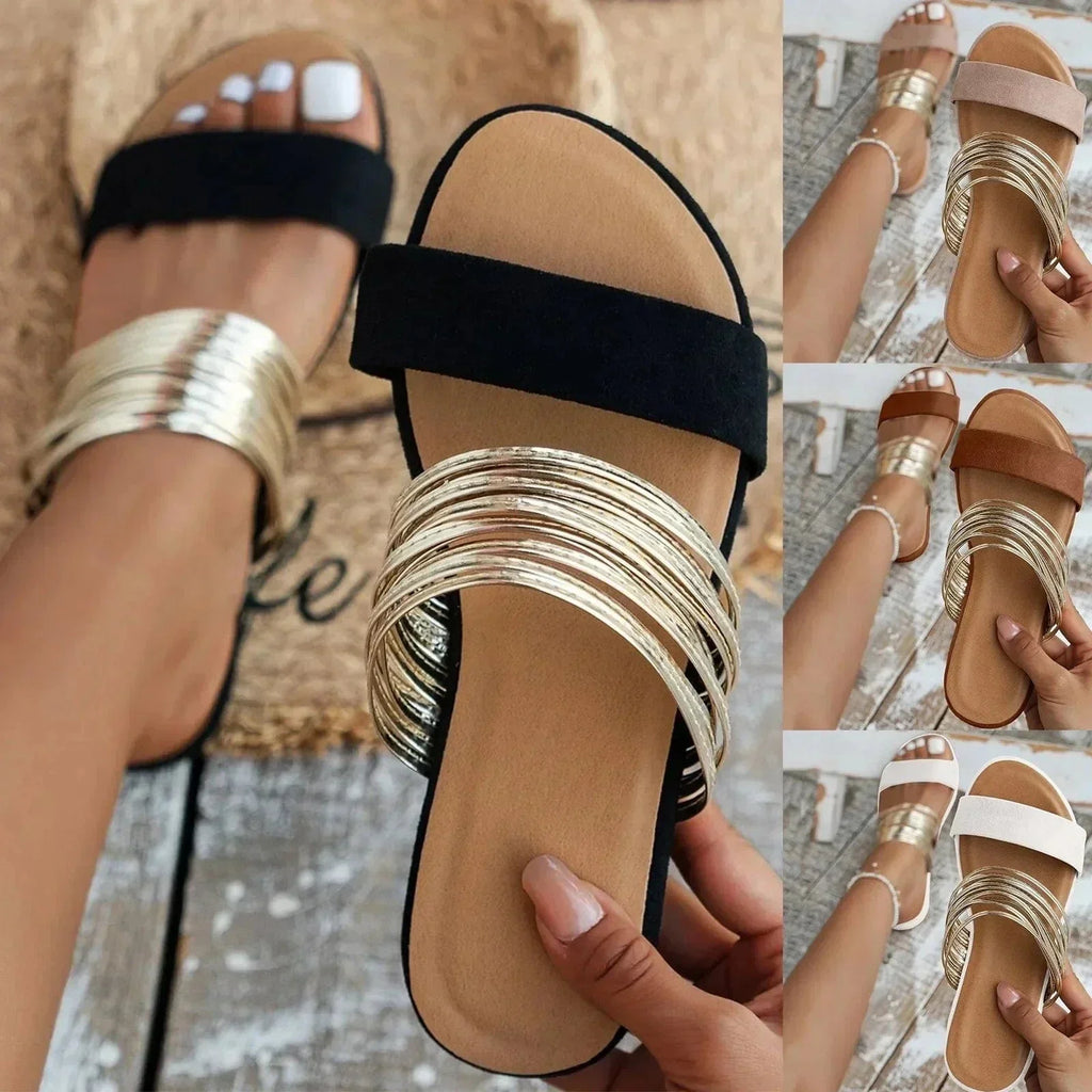 Sandales Plates à Brides Métallisées Élégantes pour Femme