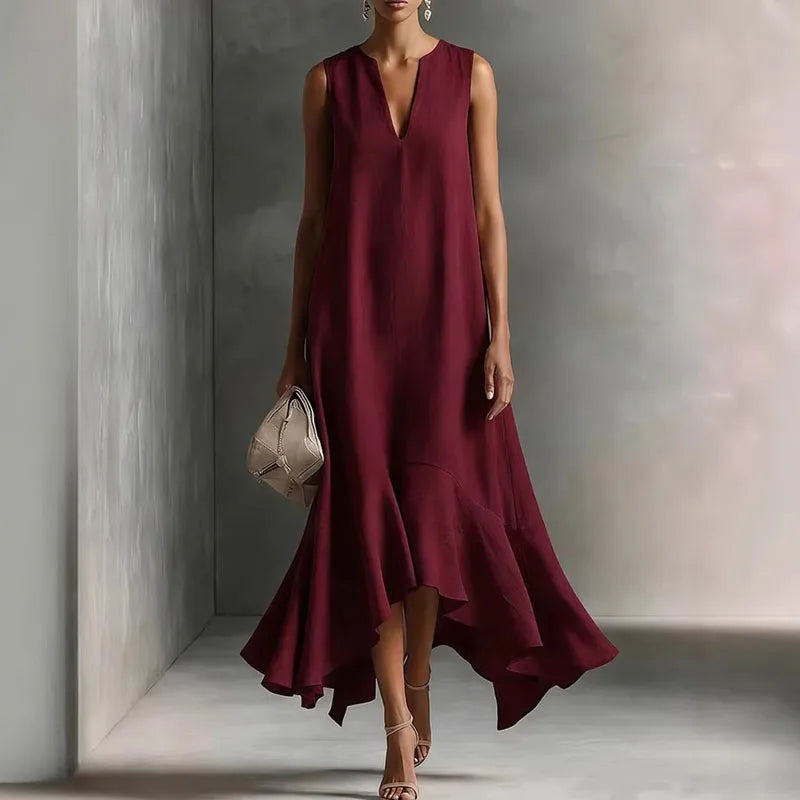 Robe Maxi Femme Bohème à Col V et Ourlet Volanté