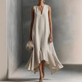Robe Maxi Femme Bohème à Col V et Ourlet Volanté