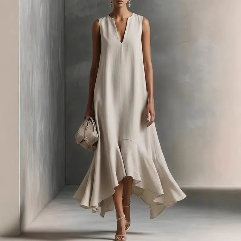 Robe Maxi Femme Bohème à Col V et Ourlet Volanté