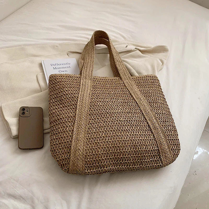 Grand sac cabas en paille zippé