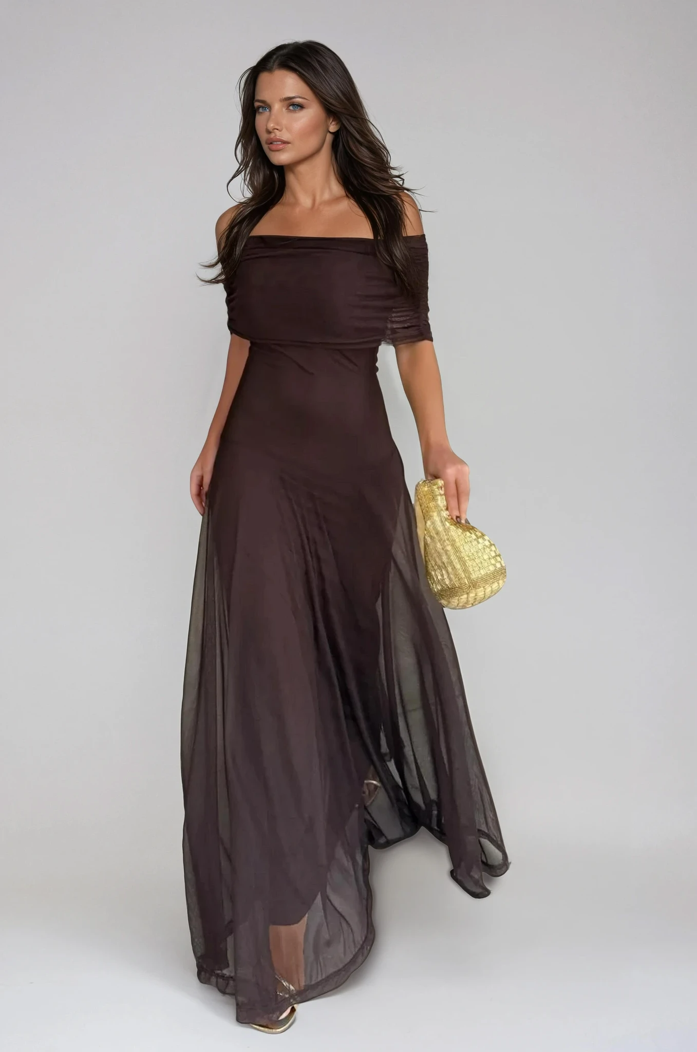 Robe longue élégante de cérémonie pour femme avec superposition en mesh