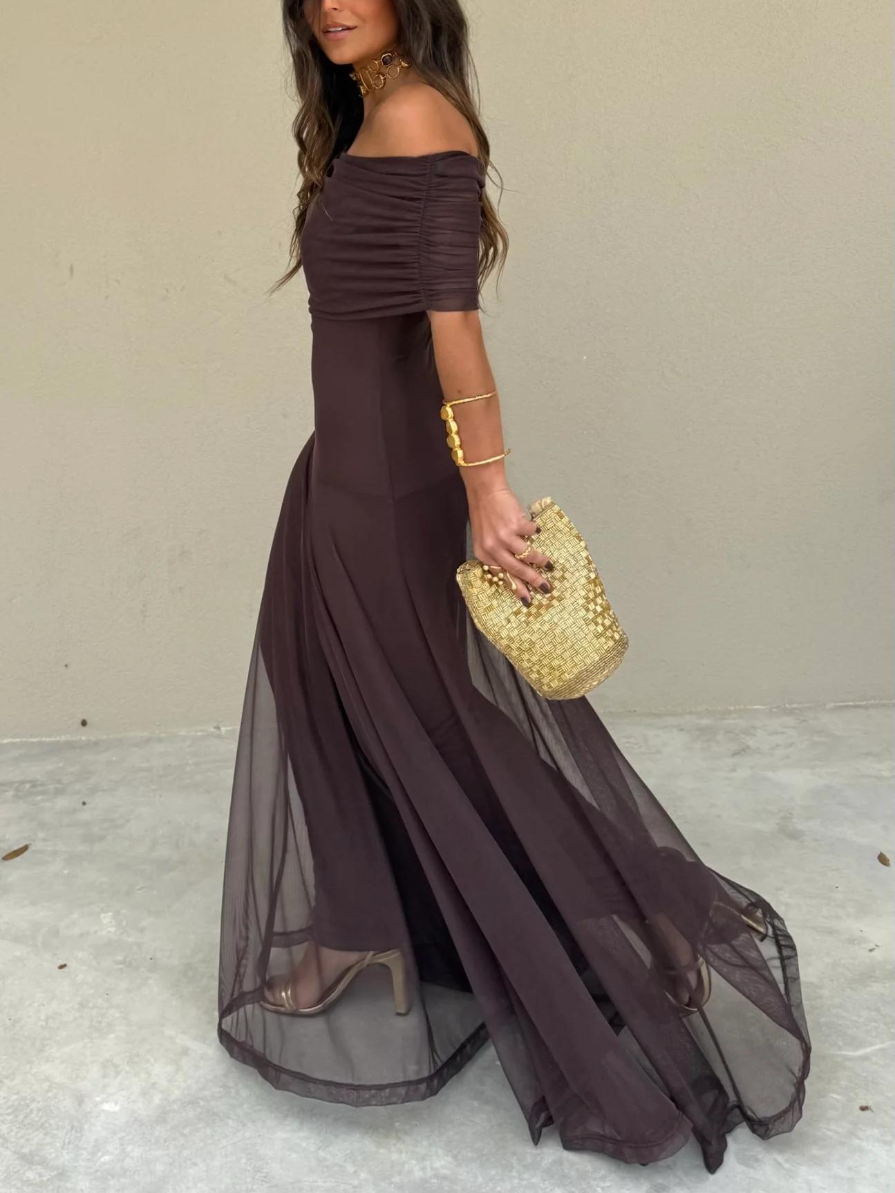 Robe longue élégante de cérémonie pour femme avec superposition en mesh