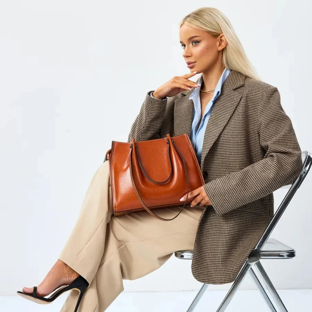 Sac cabas en cuir véritable à trois compartiments