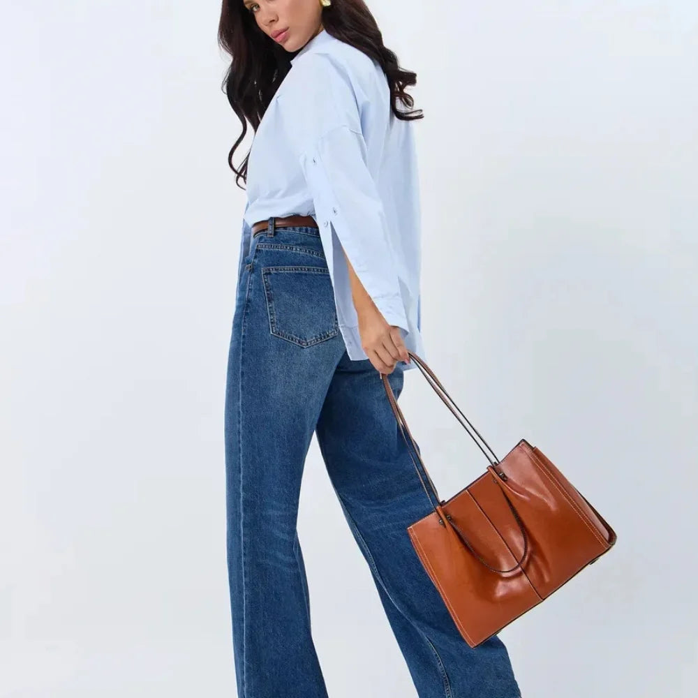 Sac cabas en cuir véritable à trois compartiments