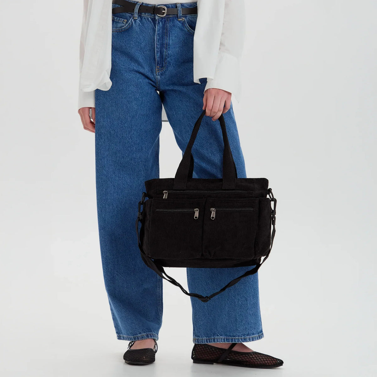 Sac bandoulière en velours côtelé à poches zippées