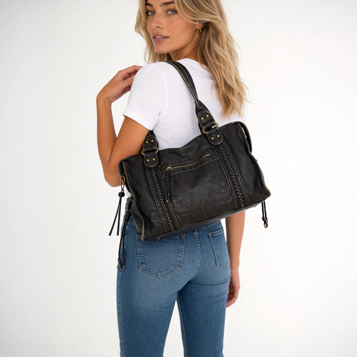 Sac bandoulière en simili cuir grainé à bords bronze